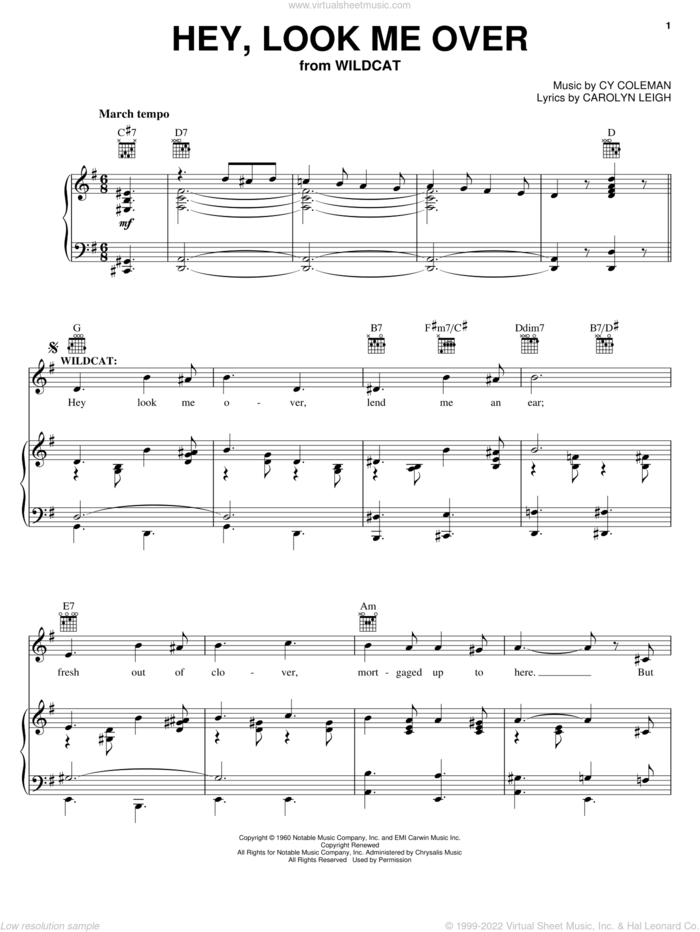 Hey, Look Me Over sheet music for voice, piano or guitar by Cy Coleman, Lucille Ball, Wildcat (Musical) and Carolyn Leigh, intermediate skill level