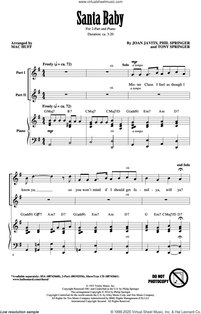 Santa Baby sheet music for choir (2-Part) by Phil Springer, Mac Huff and Tony Springer, intermediate duet