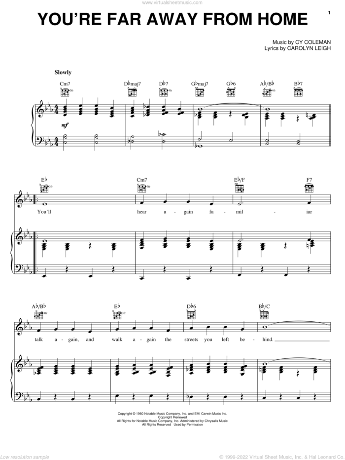 You're Far Away From Home sheet music for voice, piano or guitar by Cy Coleman, Wildcat (Musical) and Carolyn Leigh, intermediate skill level