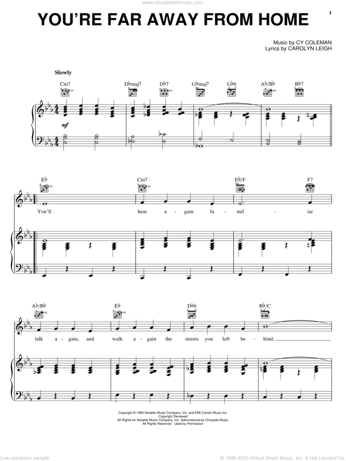 You're Far Away From Home sheet music for voice, piano or guitar by Cy Coleman, Wildcat (Musical) and Carolyn Leigh, intermediate skill level