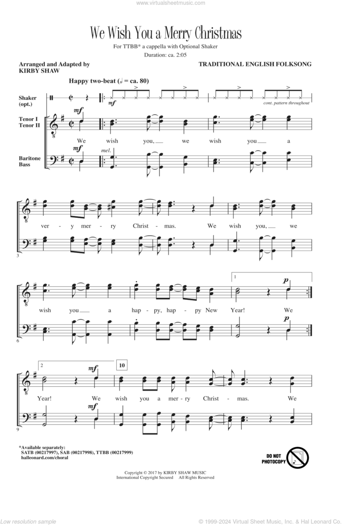 We Wish You A Merry Christmas sheet music for choir (TTBB: tenor, bass) by Kirby Shaw and Miscellaneous, intermediate skill level