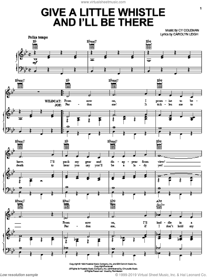 Give A Little Whistle And I'll Be There sheet music for voice, piano or guitar by Cy Coleman, Wildcat (Musical) and Carolyn Leigh, intermediate skill level