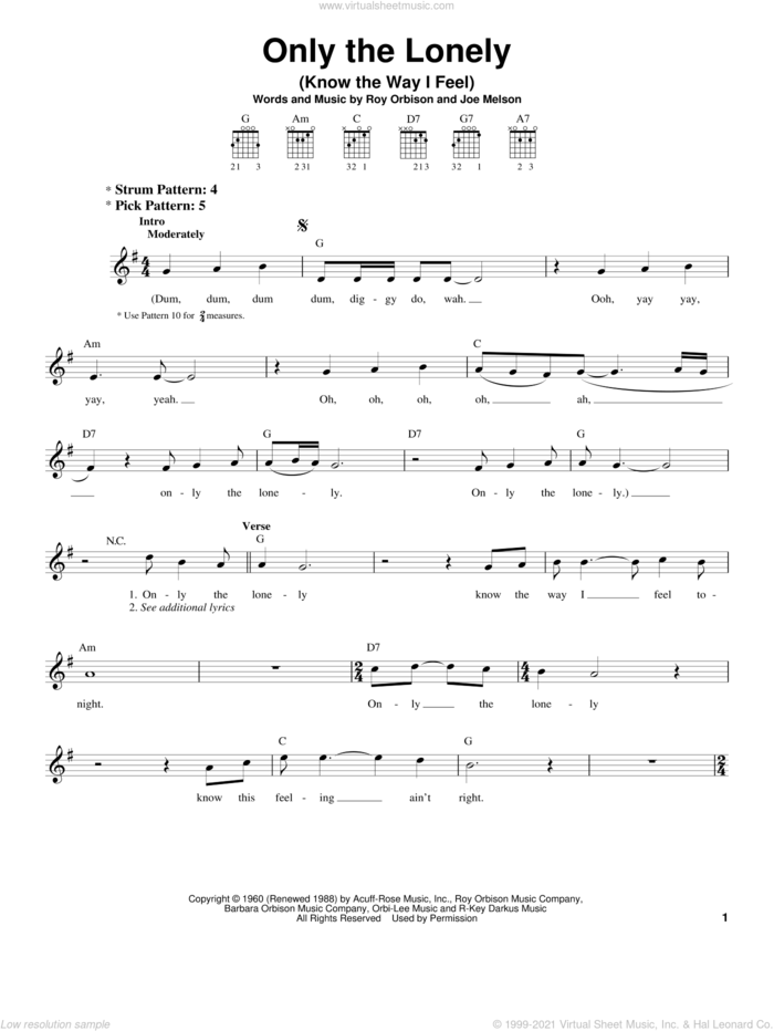 Only The Lonely (Know The Way I Feel) sheet music for guitar solo (chords) by Roy Orbison and Joe Melson, easy guitar (chords)