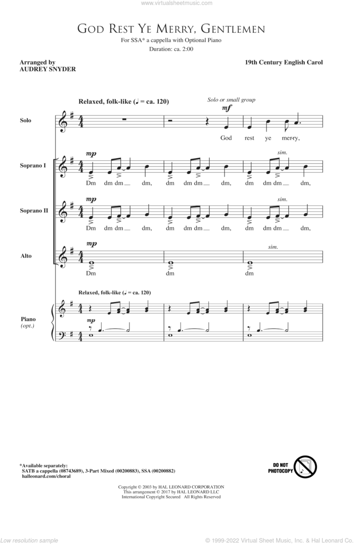 God Rest Ye Merry, Gentlemen sheet music for choir (SSA: soprano, alto) by Audrey Snyder and 19th Century English Carol, intermediate skill level