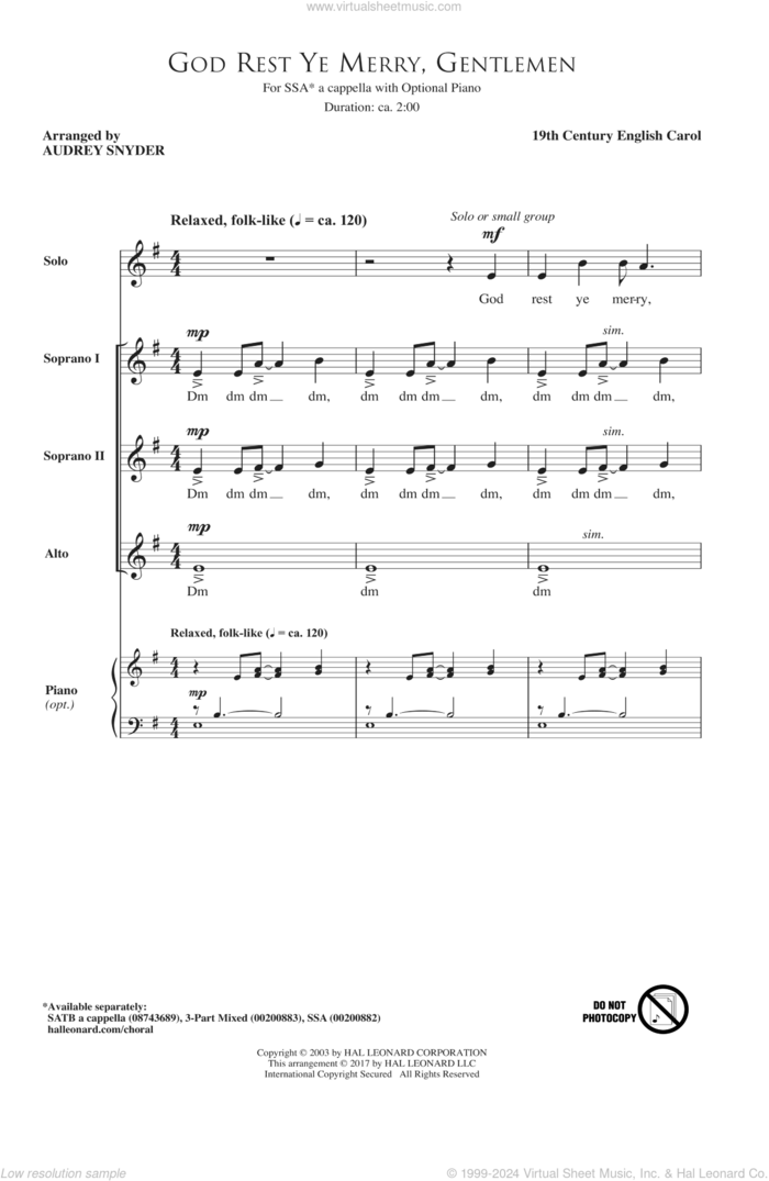 God Rest Ye Merry, Gentlemen sheet music for choir (SSA: soprano, alto) by Audrey Snyder and 19th Century English Carol, intermediate skill level