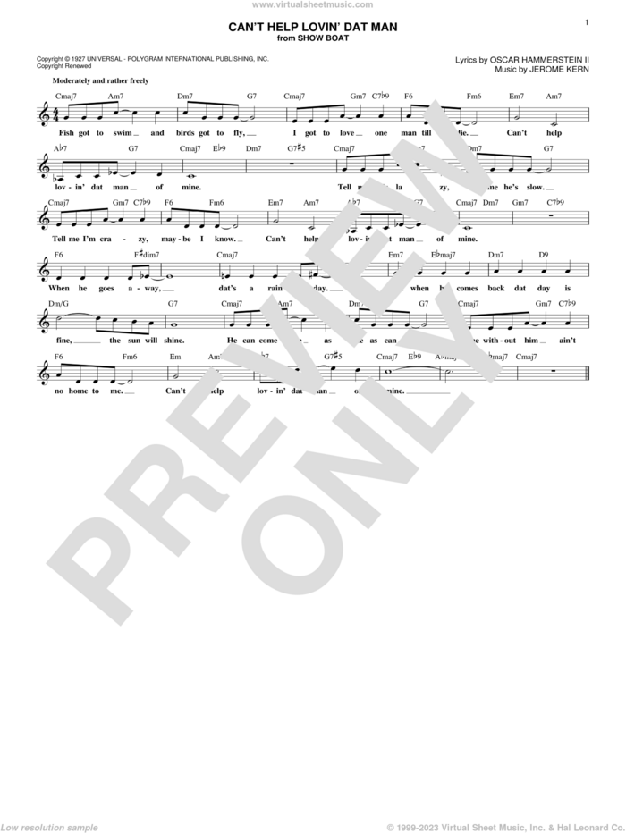Can't Help Lovin' Dat Man sheet music for voice and other instruments (fake book) by Oscar II Hammerstein, Annette Warren, Helen Morgan and Jerome Kern, intermediate skill level