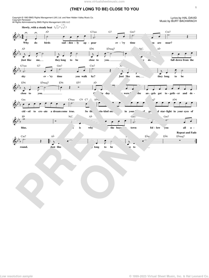 (They Long To Be) Close To You sheet music for voice and other instruments (fake book) by Burt Bacharach, Carpenters and Hal David, intermediate skill level