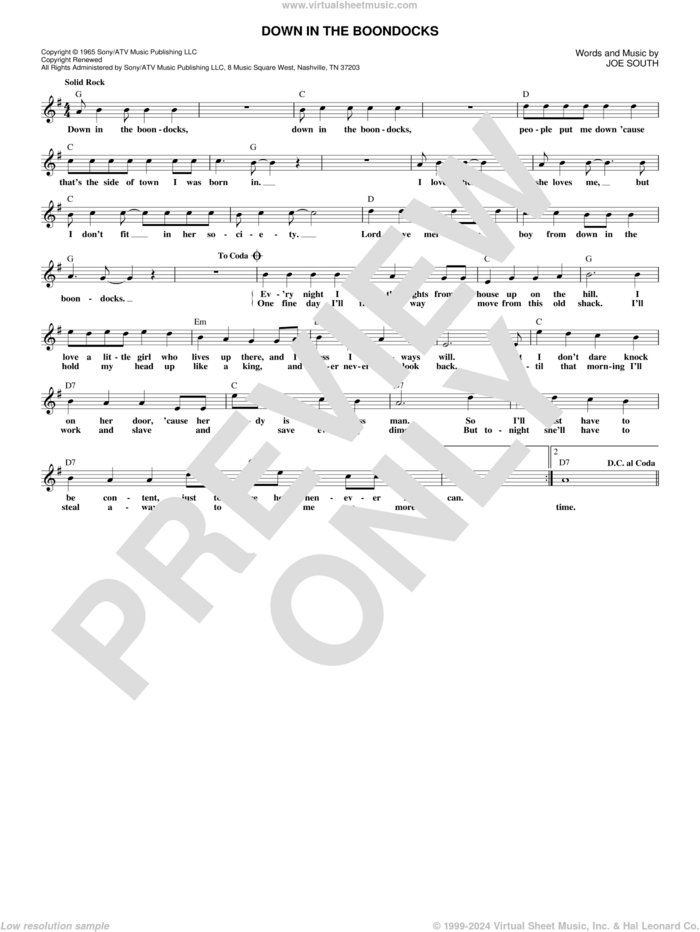 Down In The Boondocks sheet music for voice and other instruments (fake book) by Billy Joe Royal and Joe South, intermediate skill level