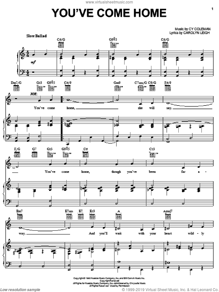 You've Come Home sheet music for voice, piano or guitar by Cy Coleman, Wildcat (Musical) and Carolyn Leigh, intermediate skill level