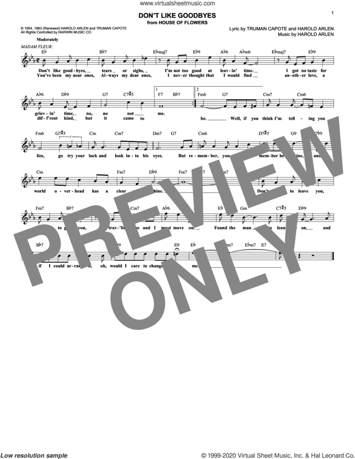 Don't Like Goodbyes sheet music for voice and other instruments (fake book) by Harold Arlen and Truman Capote, intermediate skill level