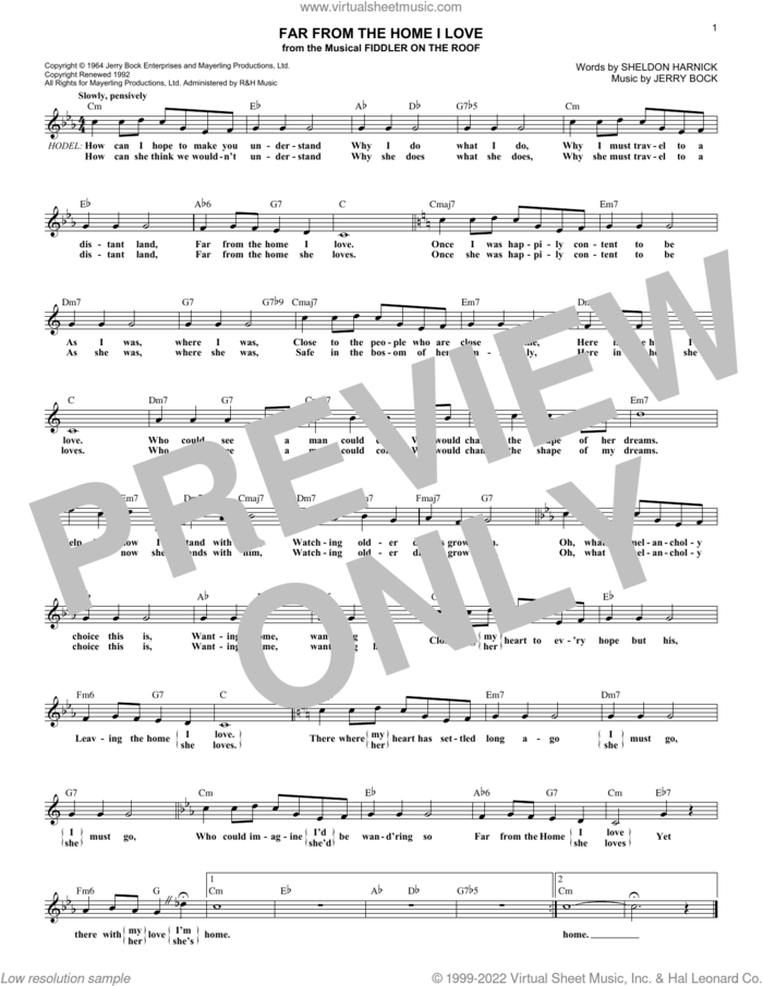 Far From The Home I Love sheet music for voice and other instruments (fake book) by Jerry Bock and Sheldon Harnick, intermediate skill level