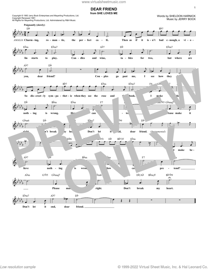 Dear Friend sheet music for voice and other instruments (fake book) by Jerry Bock and Sheldon Harnick, intermediate skill level