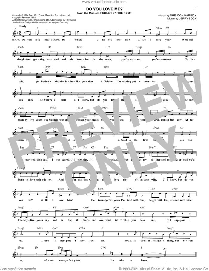 Do You Love Me? sheet music for voice and other instruments (fake book) by Sheldon Harnick and Jerry Bock, intermediate skill level