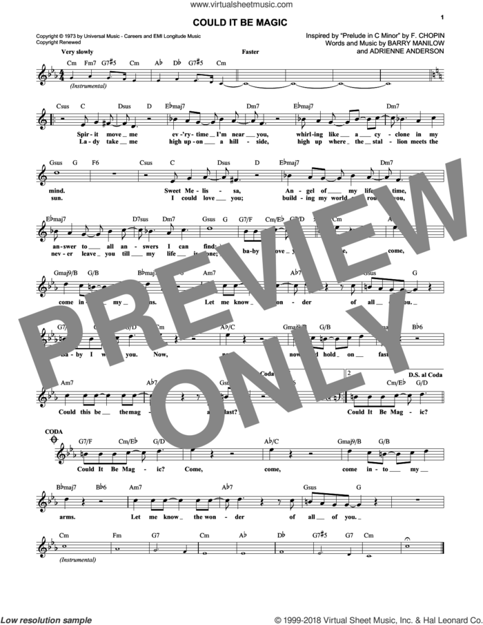 Could It Be Magic sheet music for voice and other instruments (fake book) by Barry Manilow and Adrienne Anderson, intermediate skill level