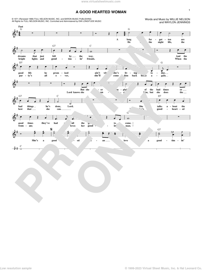 A Good Hearted Woman sheet music for voice and other instruments (fake book) by Willie Nelson and Waylon Jennings, intermediate skill level