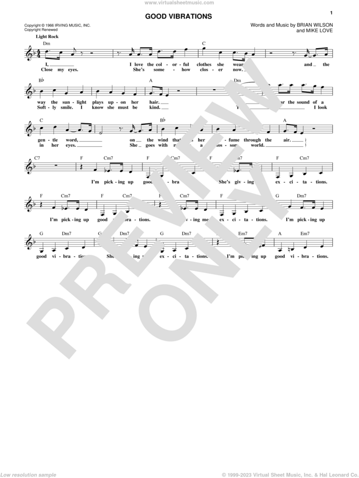 Good Vibrations sheet music for voice and other instruments (fake book) by The Beach Boys, Brian Wilson and Mike Love, intermediate skill level