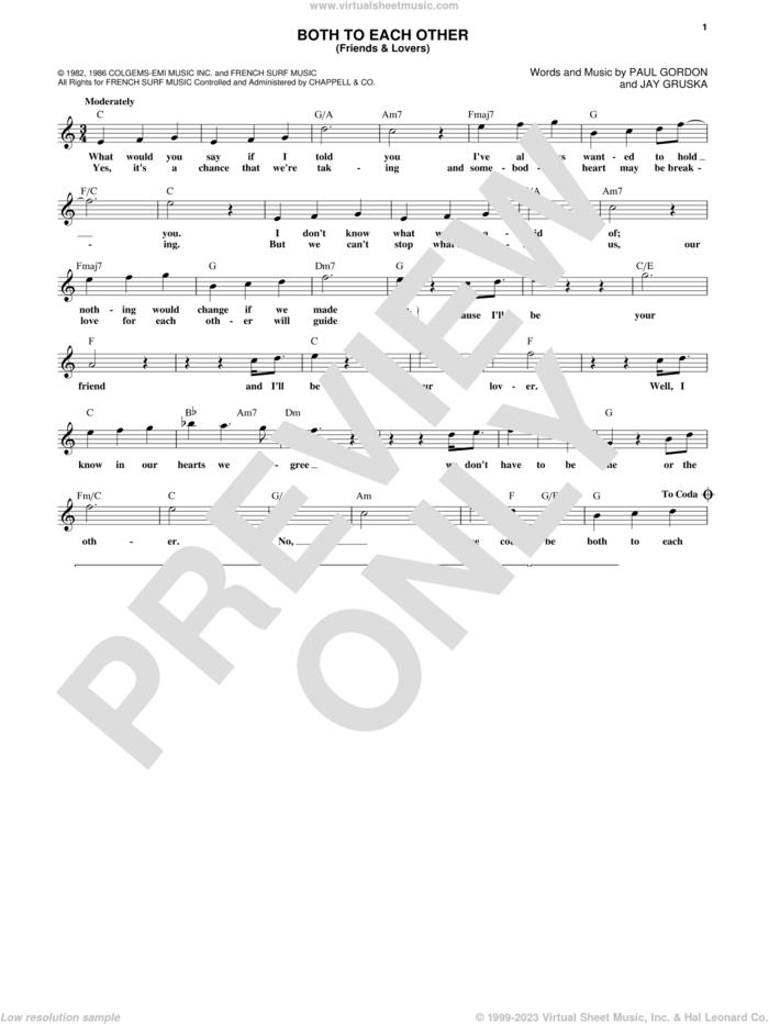 Both To Each Other (Friends and Lovers) sheet music for voice and other instruments (fake book) by Paul Gordon, Eddie Rabbitt & Juice Newton, Gloria Loring & Carl Anderson and Jay Gruska, intermediate skill level