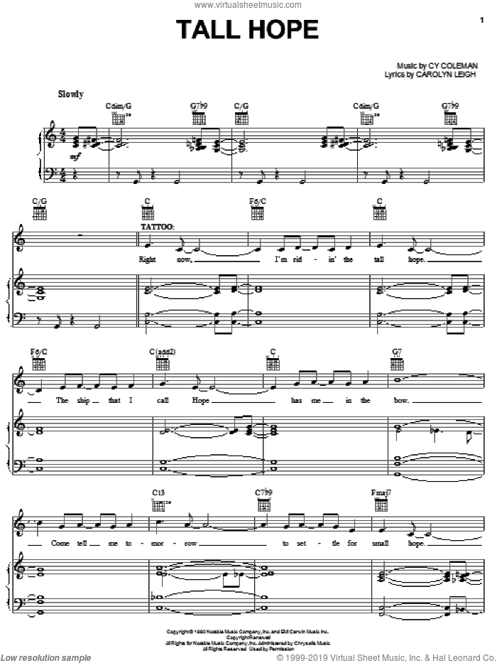 Tall Hope sheet music for voice, piano or guitar by Cy Coleman, Wildcat (Musical) and Carolyn Leigh, intermediate skill level