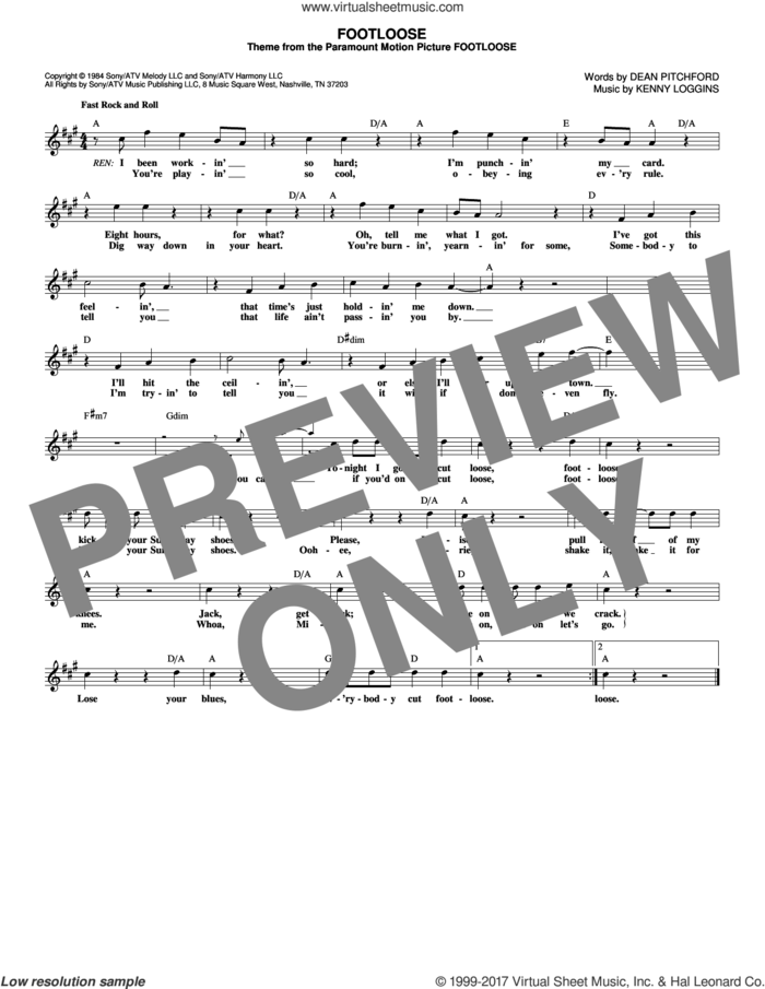 Footloose sheet music for voice and other instruments (fake book) by Kenny Loggins and Dean Pitchford, intermediate skill level