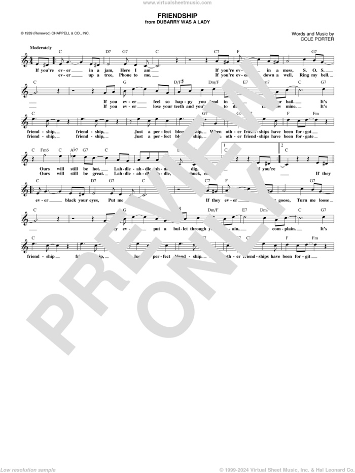 Friendship sheet music for voice and other instruments (fake book) by Cole Porter, intermediate skill level