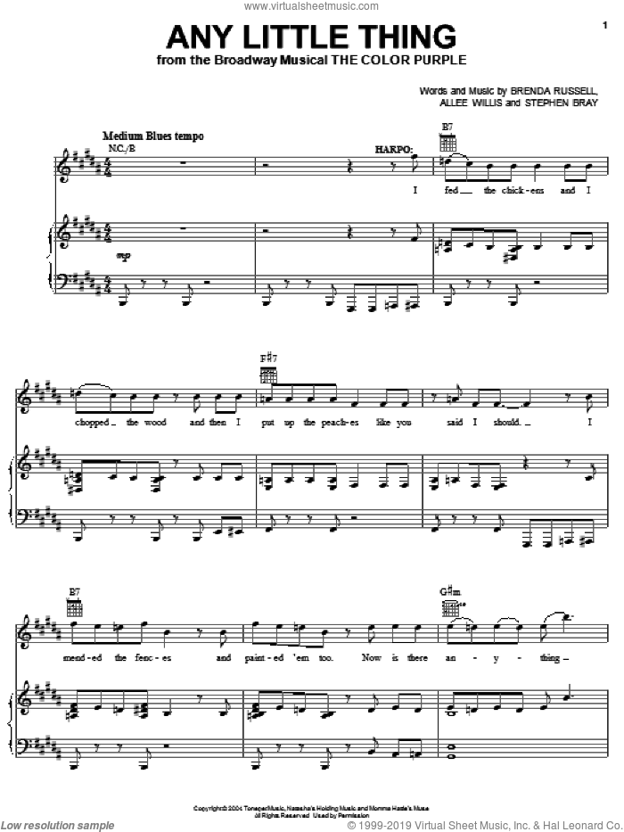 Any Little Thing sheet music for voice, piano or guitar by The Color Purple (Musical), Allee Willis, Brenda Russell and Stephen Bray, intermediate skill level
