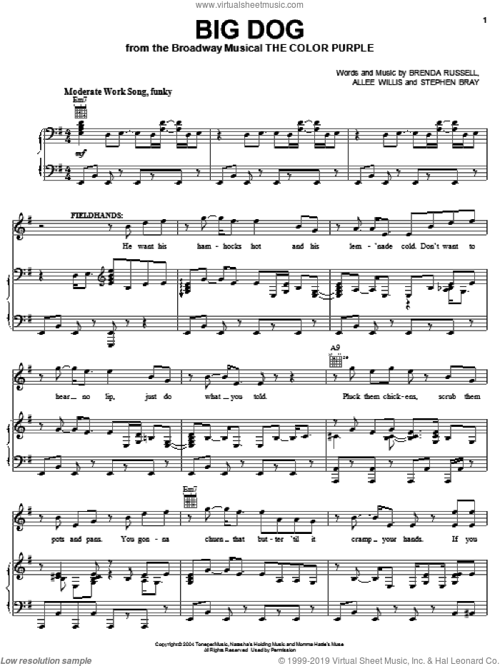 Big Dog sheet music for voice, piano or guitar by The Color Purple (Musical), Allee Willis, Brenda Russell and Stephen Bray, intermediate skill level