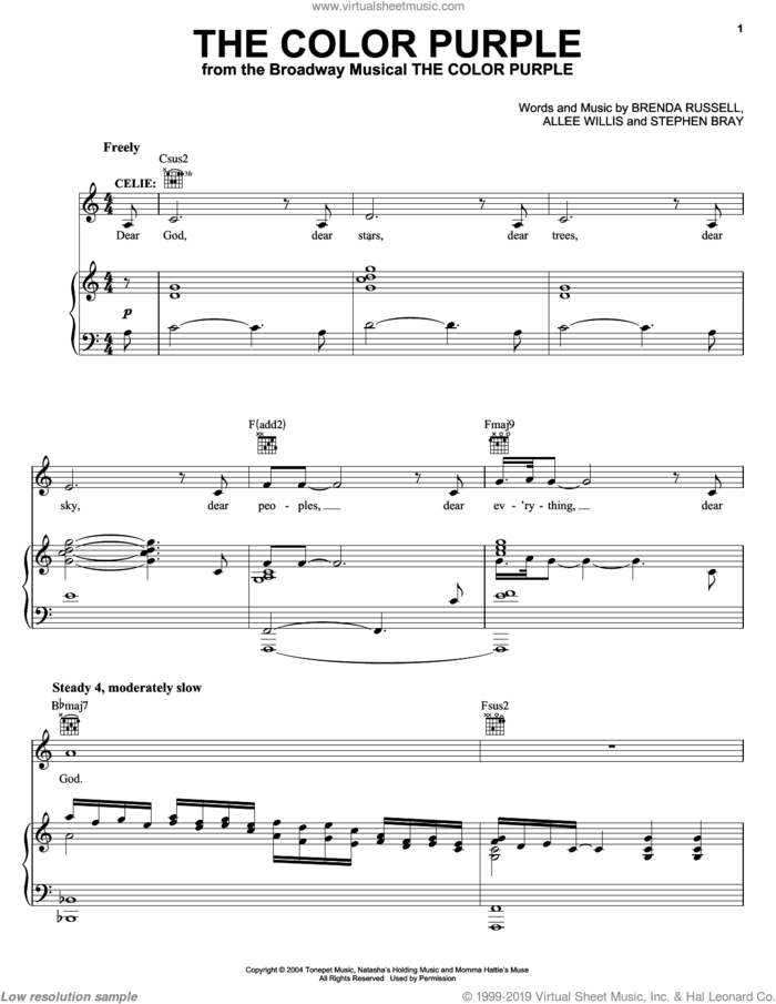 The Color Purple sheet music for voice, piano or guitar by The Color Purple (Musical), Allee Willis, Brenda Russell and Stephen Bray, intermediate skill level