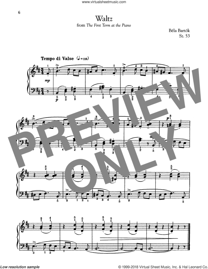 Waltz sheet music for piano solo by Bela Bartok and Bela Bartok, classical score, intermediate skill level