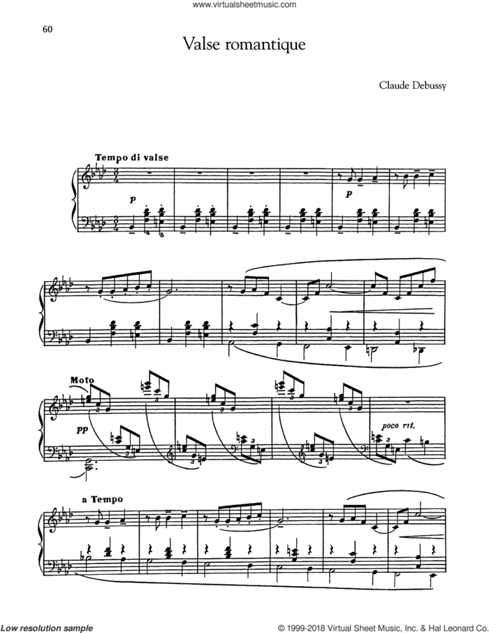 Valse Romantique sheet music for piano solo by Claude Debussy, classical score, intermediate skill level