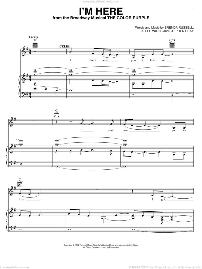 I'm Here sheet music for voice, piano or guitar by The Color Purple (Musical), Allee Willis, Brenda Russell and Stephen Bray, intermediate skill level