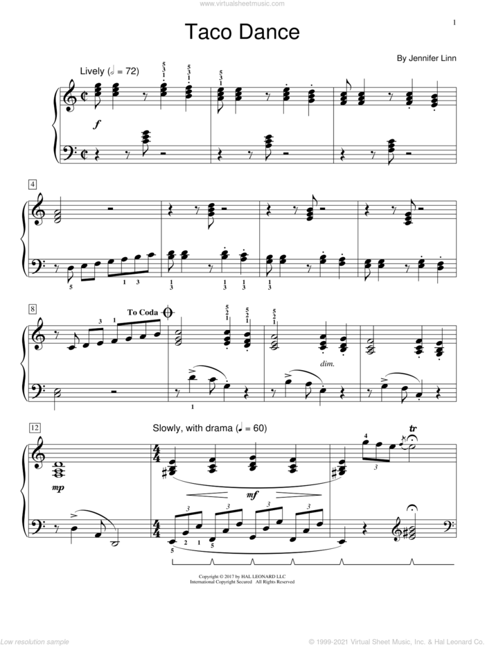 Taco Dance sheet music for piano solo (elementary) by Jennifer Linn, beginner piano (elementary)