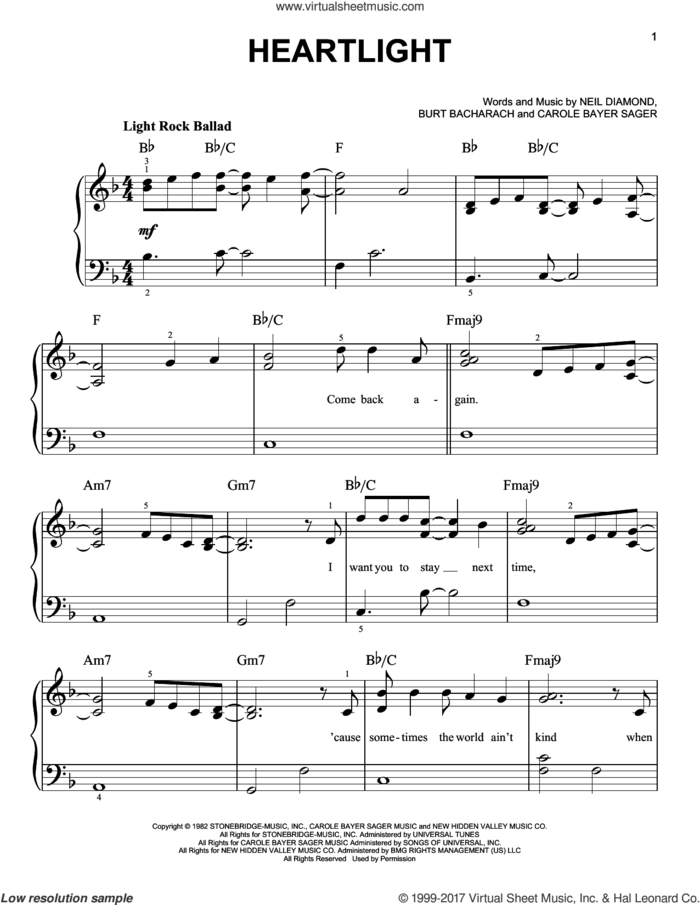 Heartlight sheet music for piano solo by Neil Diamond, Burt Bacharach and Carole Bayer Sager, easy skill level
