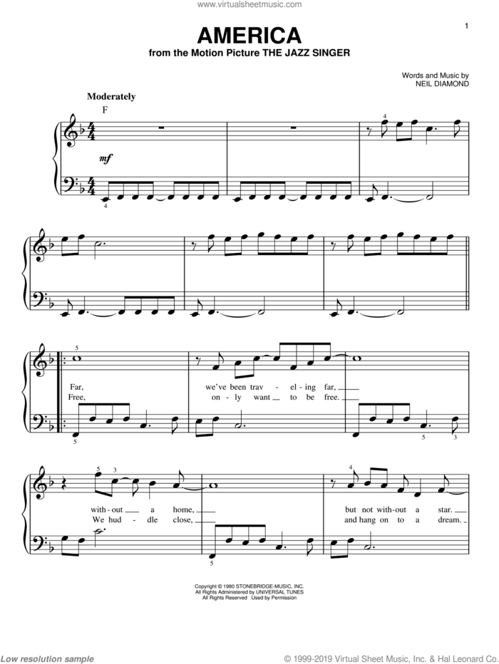 America sheet music for piano solo by Neil Diamond, easy skill level