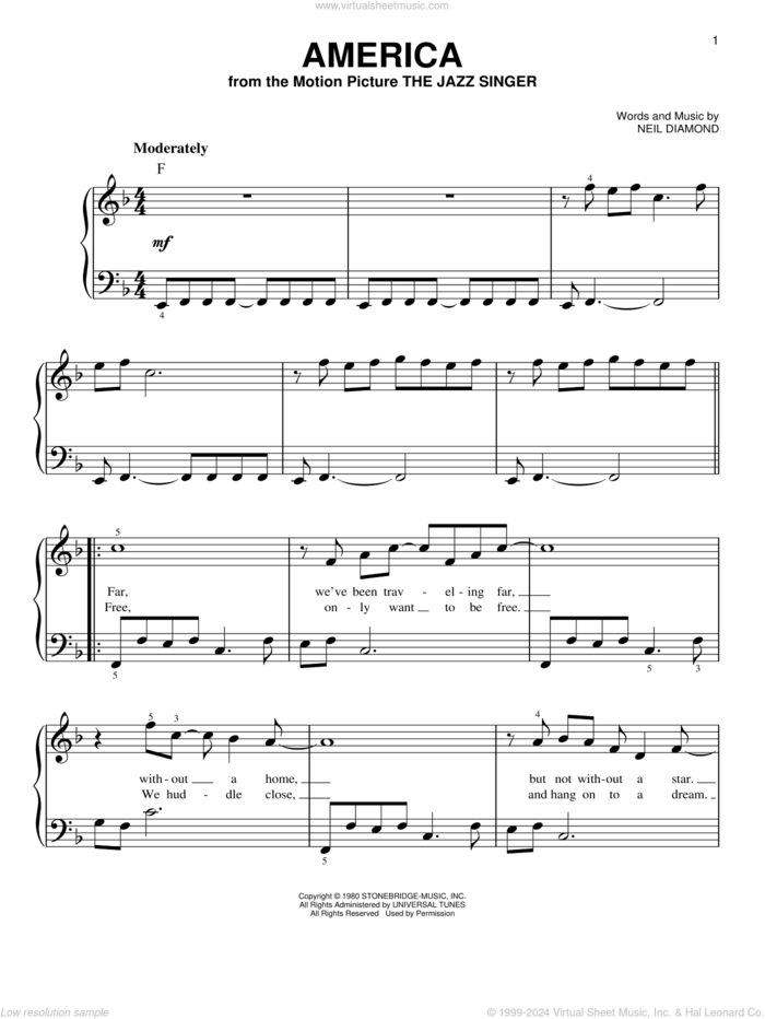 America, (easy) sheet music for piano solo by Neil Diamond, easy skill level