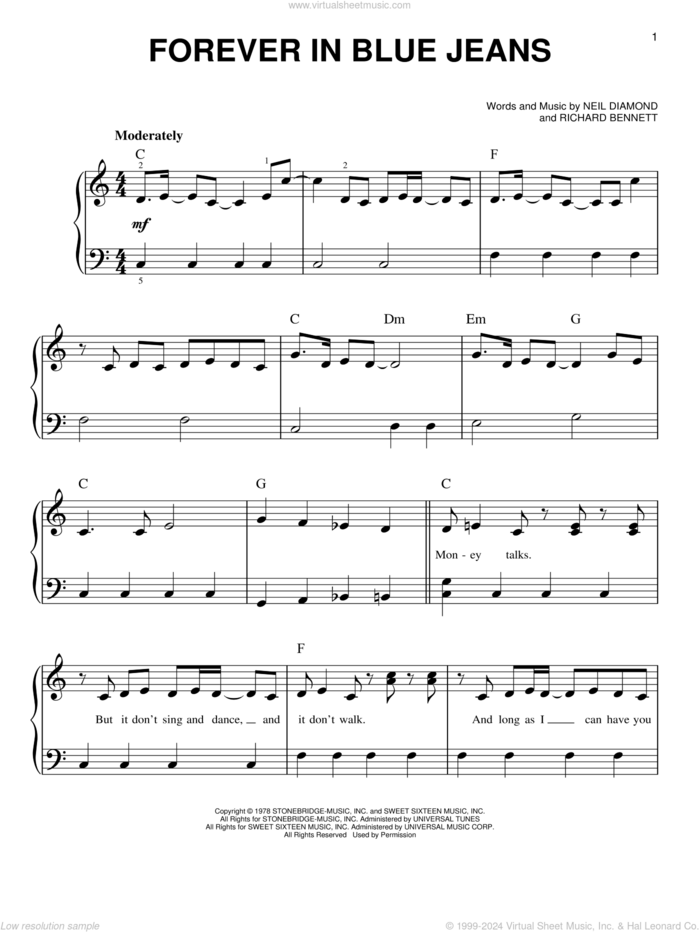 Forever In Blue Jeans sheet music for piano solo by Neil Diamond and Richard Bennett, easy skill level