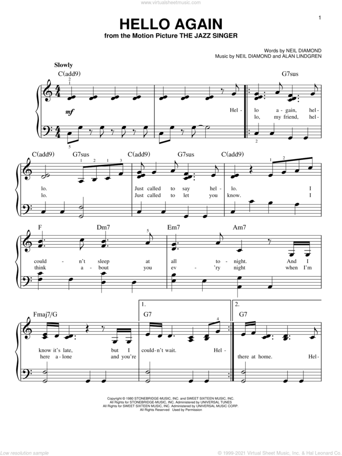 Hello Again, (easy) sheet music for piano solo by Neil Diamond and Alan Lindgren, easy skill level