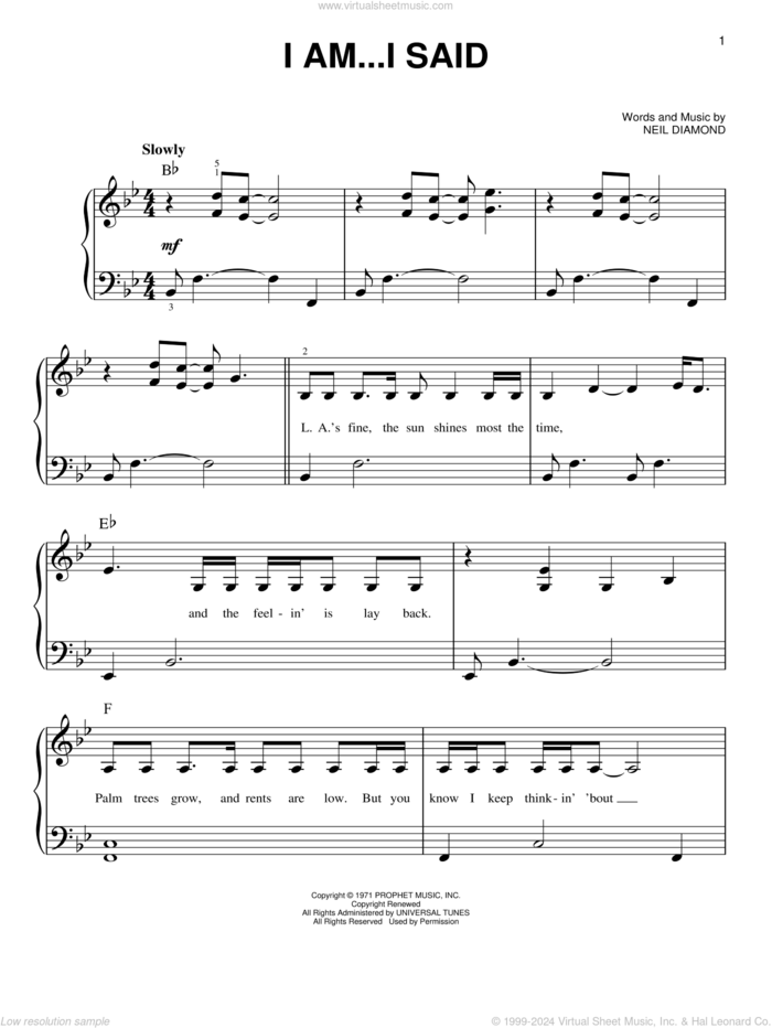 I Am...I Said sheet music for piano solo by Neil Diamond, easy skill level