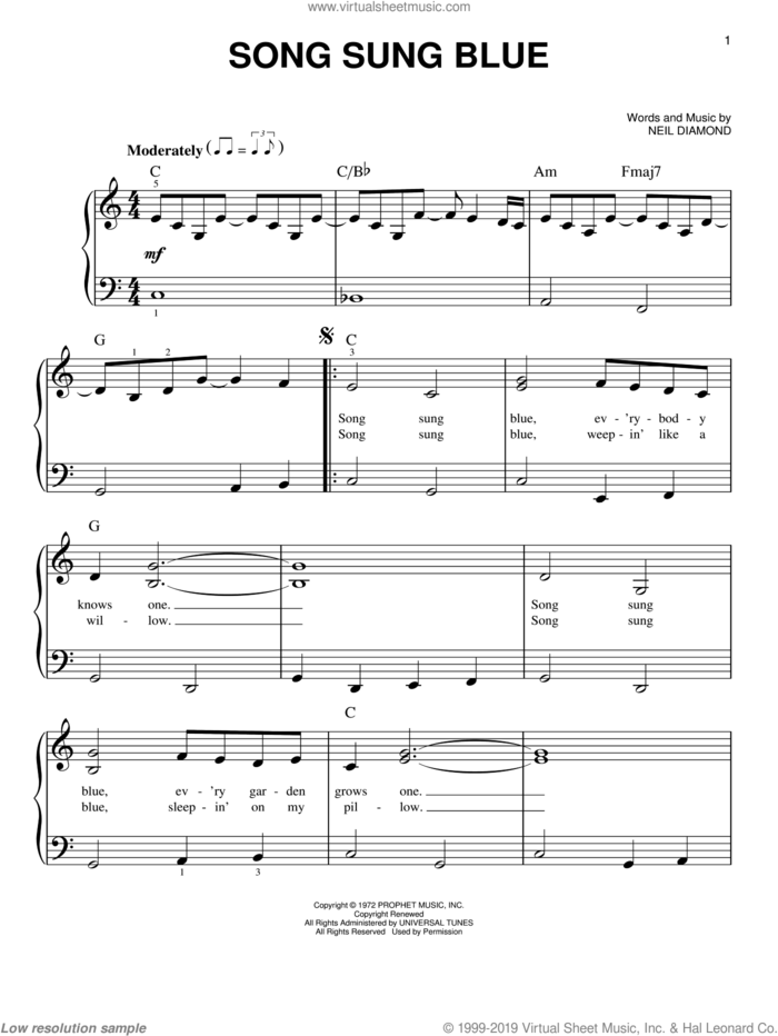 Song Sung Blue sheet music for piano solo by Neil Diamond, easy skill level