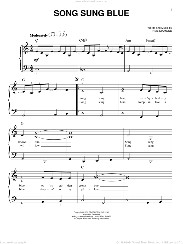 Song Sung Blue sheet music for piano solo by Neil Diamond, easy skill level