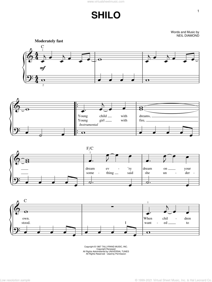 Shilo sheet music for piano solo by Neil Diamond, easy skill level