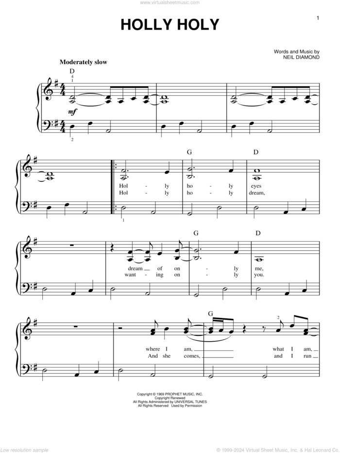 Holly Holy sheet music for piano solo by Neil Diamond, easy skill level