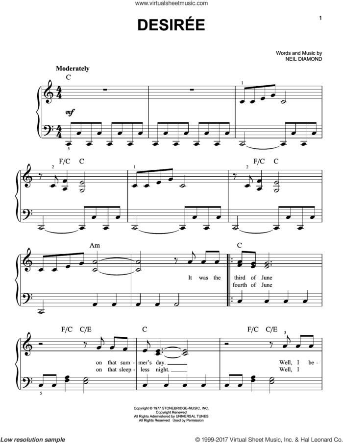 Desiree sheet music for piano solo by Neil Diamond, easy skill level