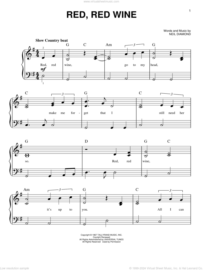 Red, Red Wine, (easy) sheet music for piano solo by Neil Diamond, easy skill level