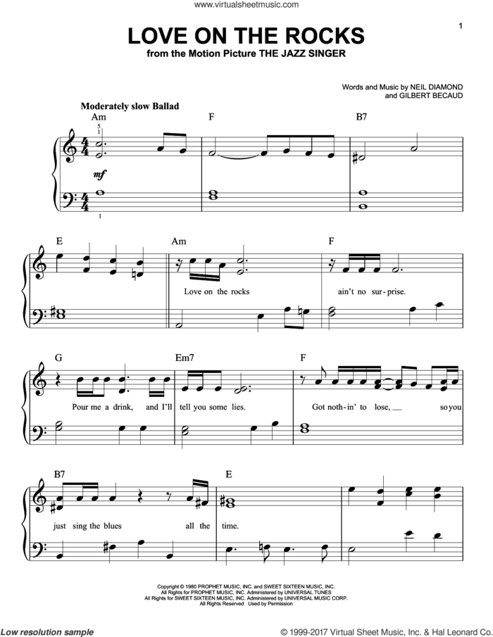 Love On The Rocks sheet music for piano solo by Neil Diamond and Gilbert Becaud, easy skill level