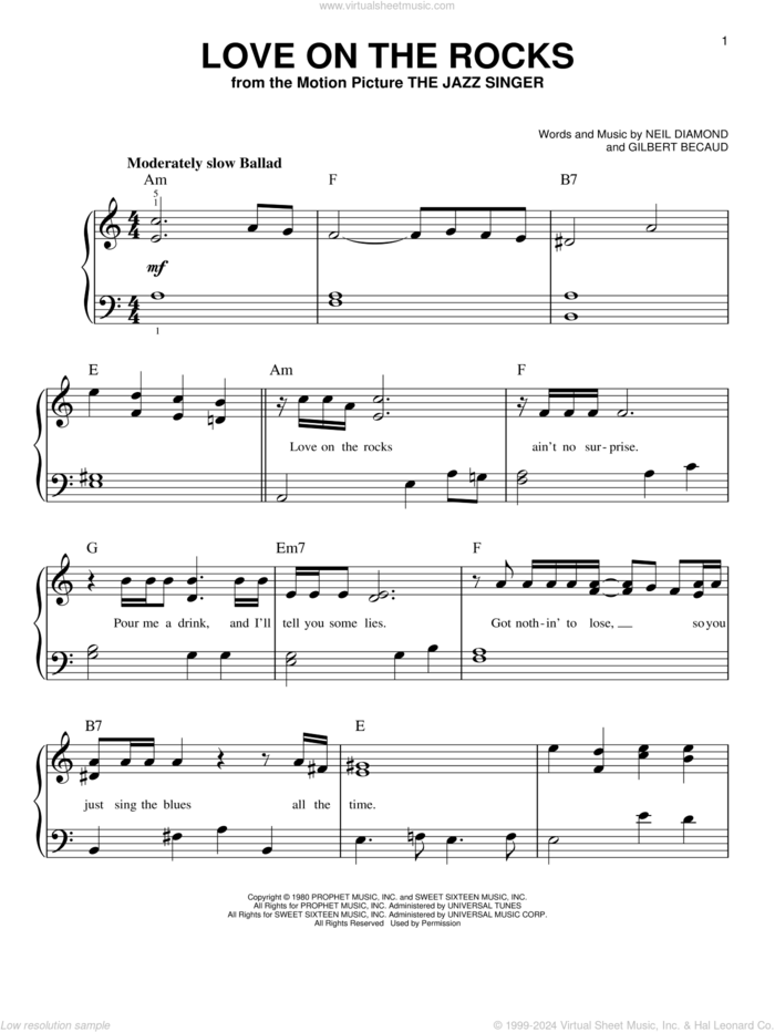 Love On The Rocks sheet music for piano solo by Neil Diamond and Gilbert Becaud, easy skill level