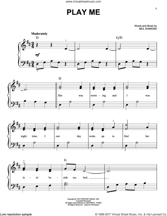 Play Me sheet music for piano solo by Neil Diamond, easy skill level