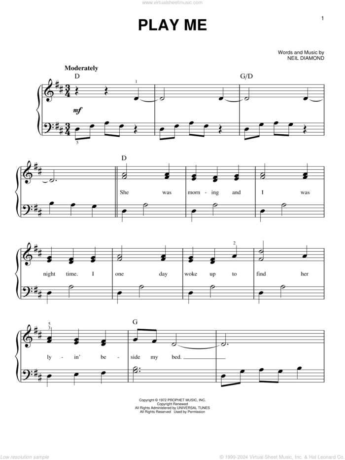 Play Me sheet music for piano solo by Neil Diamond, easy skill level