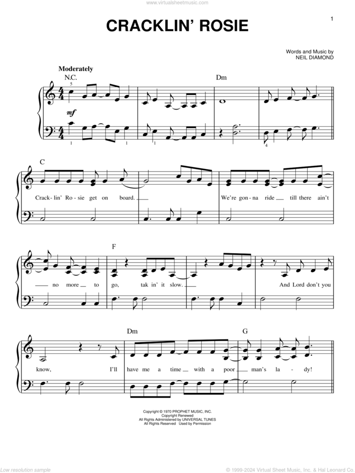 Cracklin' Rosie sheet music for piano solo by Neil Diamond, easy skill level