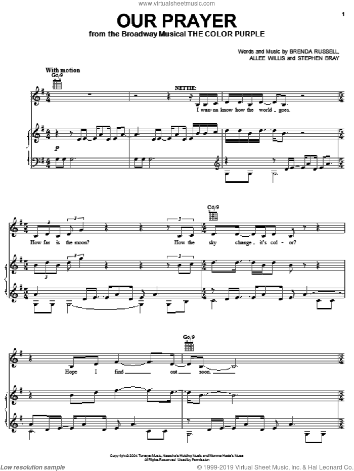 Our Prayer sheet music for voice, piano or guitar by The Color Purple (Musical), Allee Willis, Brenda Russell and Stephen Bray, intermediate skill level