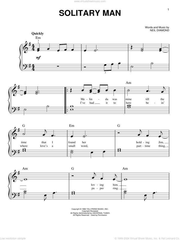 Solitary Man sheet music for piano solo by Neil Diamond and Johnny Cash, easy skill level